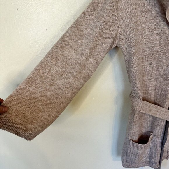 Vtg Womens Cardigan Tan Knit Button Front Waist Tie Small Pockets Retro 70s - Picture 6 of 10